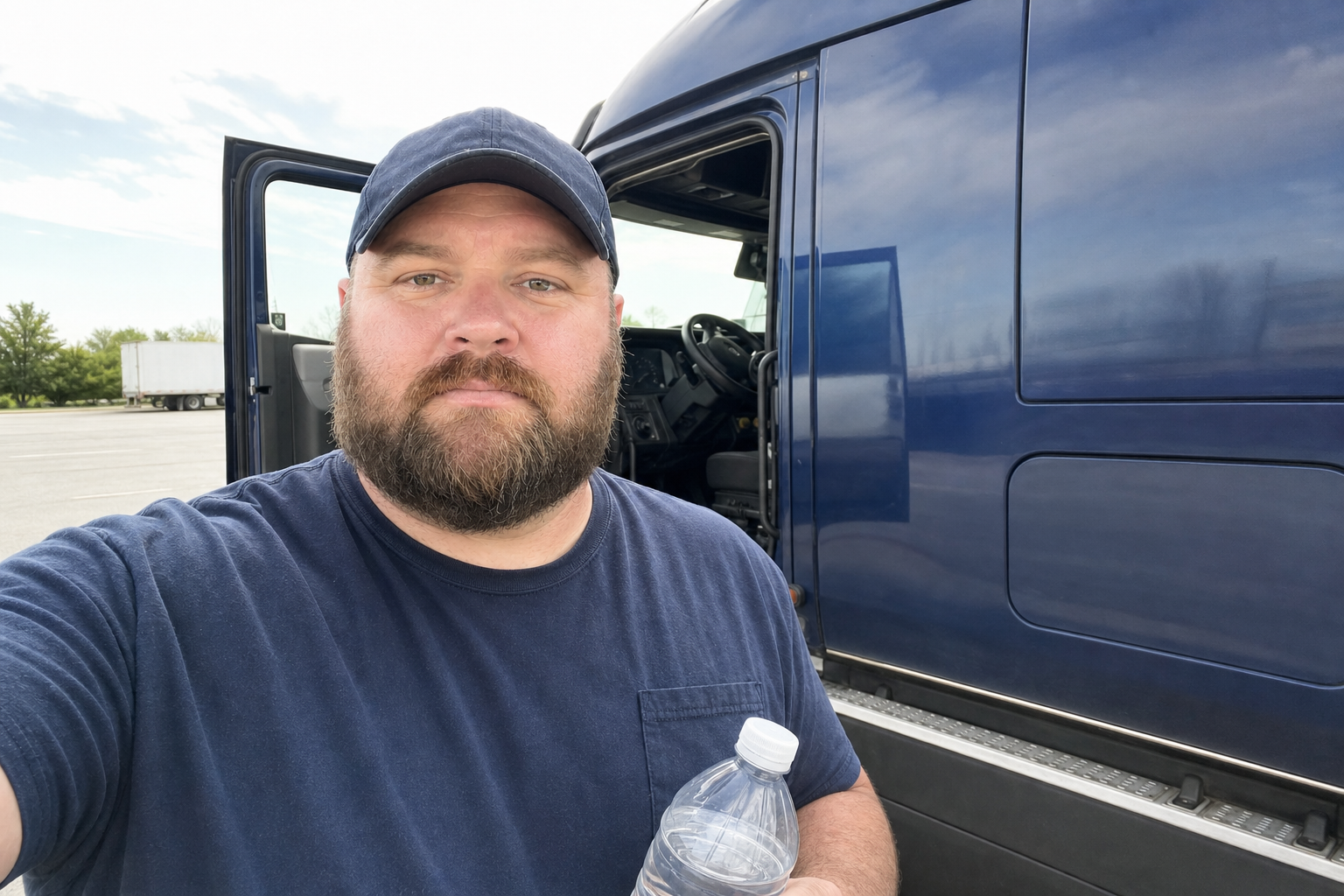 Garrett beside a parked navy truck at a rest area